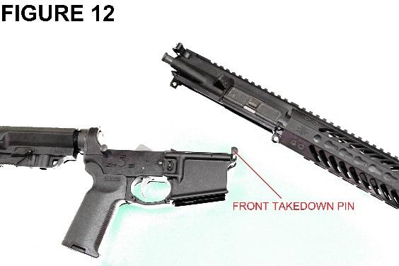 3. With the upper receiver in the upside down position, pull the charging handle and bolt carrier out and remove