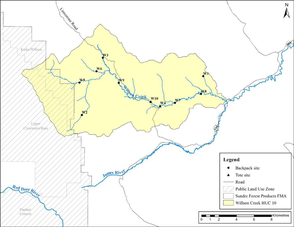 Figure 2. Fish inventory site locations within the Willson Creek HUC 10 watershed, a tributary to the James River in the headwaters of the Red Deer River, 2018.