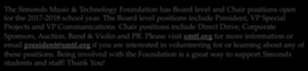 Chair positions include Direct Drive, Corporate Sponsors, Auction, Band & Violin and PR. Please visit smtf.