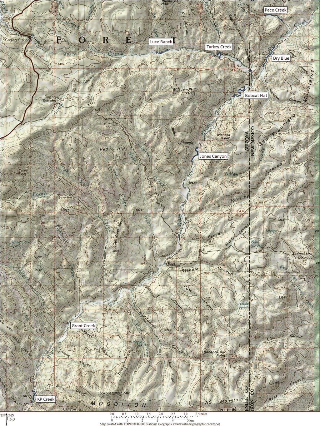 Figure 1. Map of eight sites in the upper Basin, Greenlee Co.