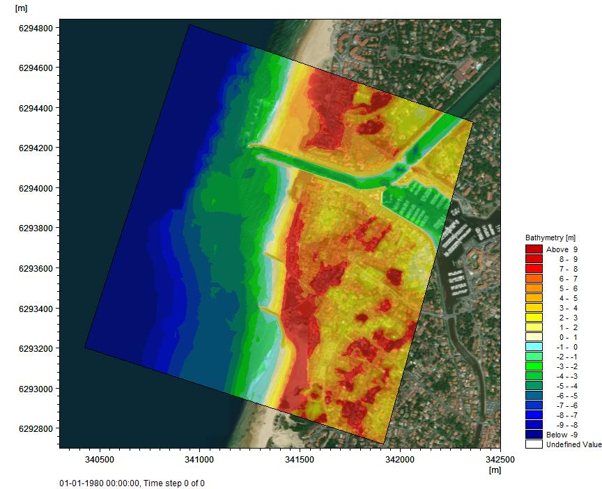 Examples Figure 4.19 Domain and bathymetry for Capbreton harbour 4.5.3 Model results The Capbreton example runs for about 30 minutes using a 3.