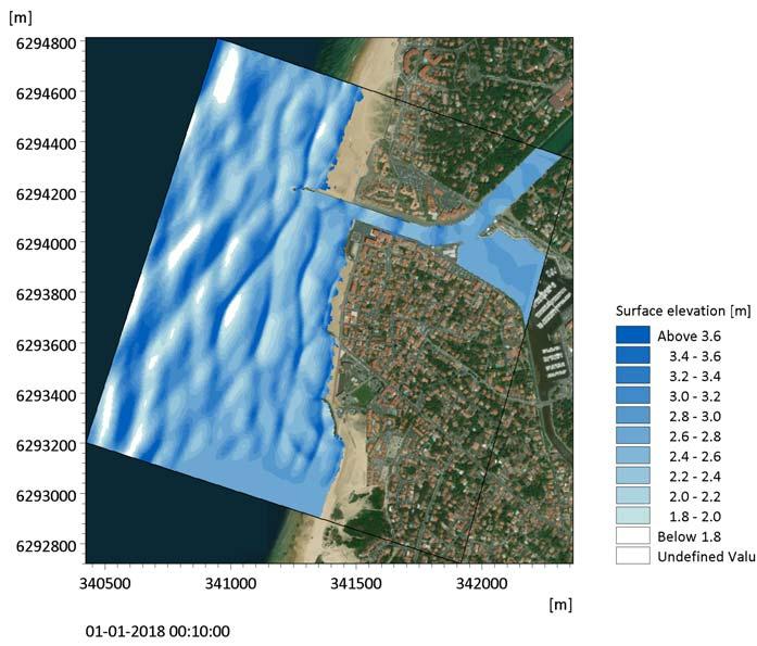 Coastal Flooding in Capbreton Figure 4.20 Model result: 2D visualisation of the instantaneous surface elevation after 10 minutes. Figure 4.21 shows a 3D visualisation of the simulated instantaneous surface elevation.